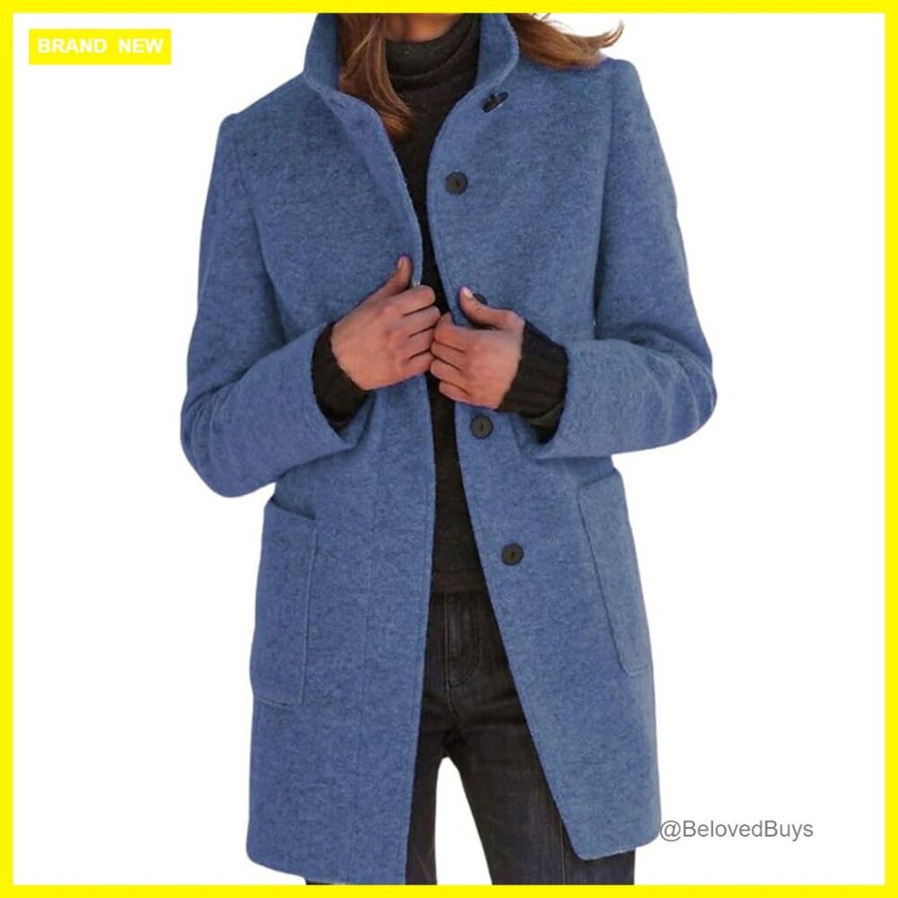 Wool Blend Long Pea Coat Stand Collar Blazer Jacket Winter Thick